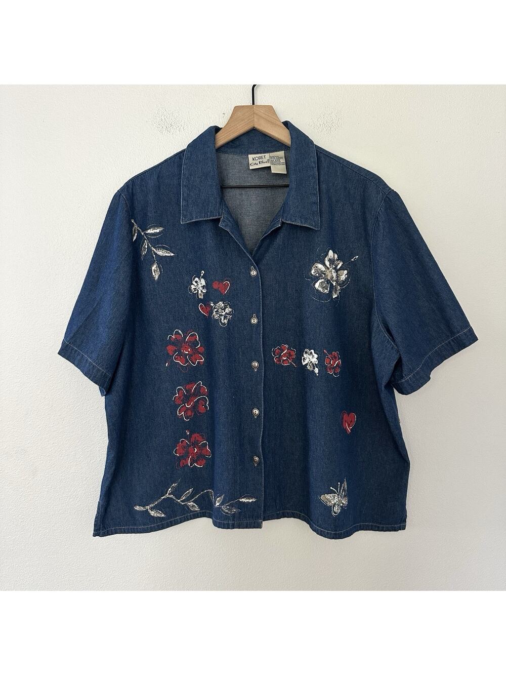 Vintage Koret City Blues 100% Cotton Button Up 22W Painted Flowers Hearts Denim